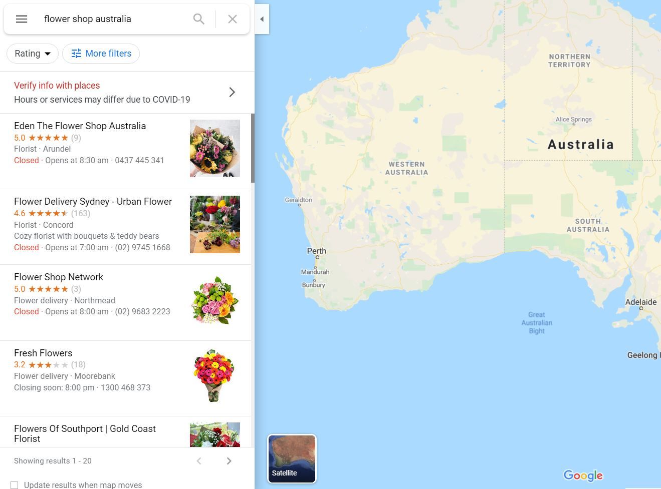 Google My Business listings of flower shops in Australia