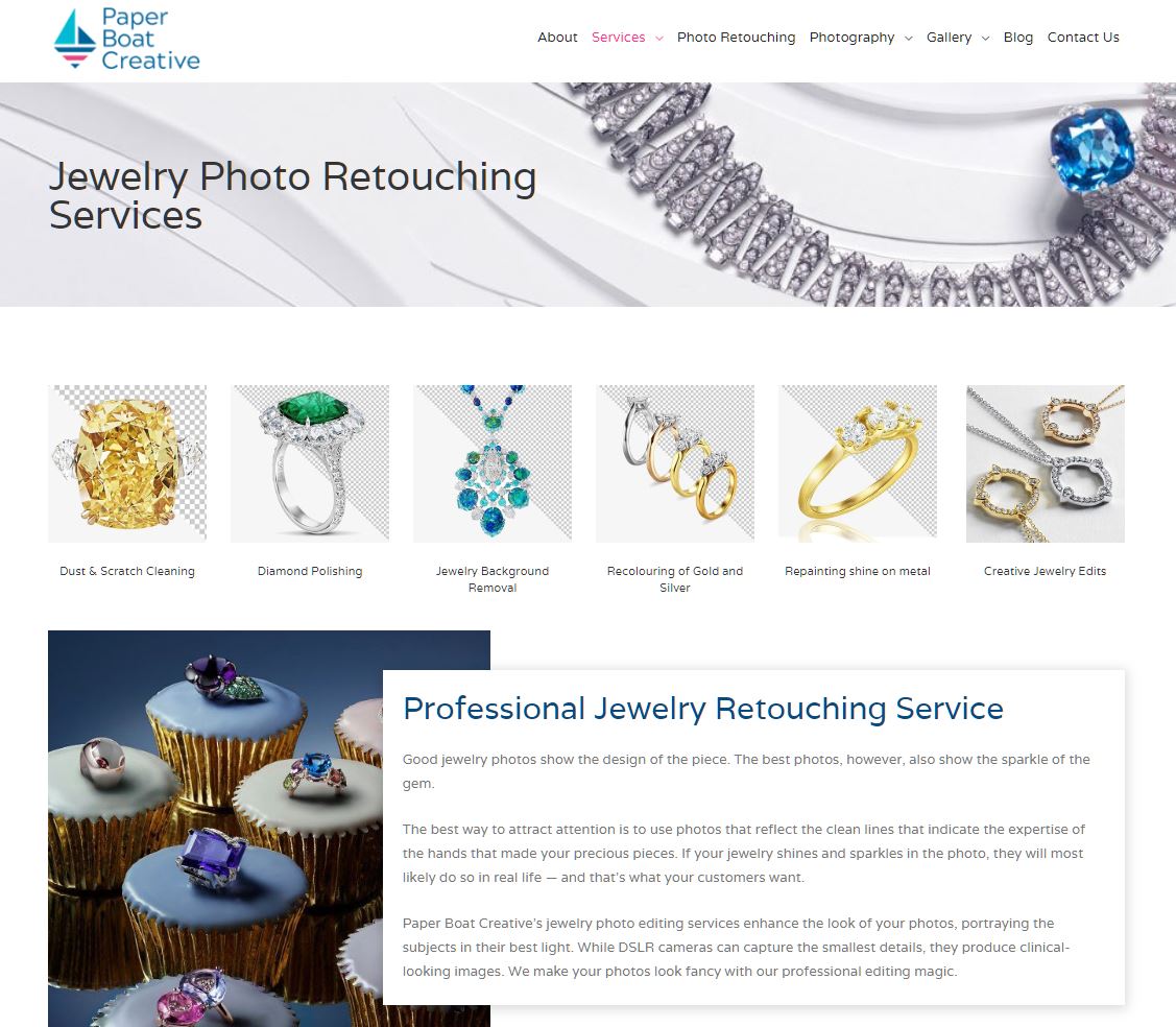 Paper Boat Creative's Jewelry Photo Retouching Services page