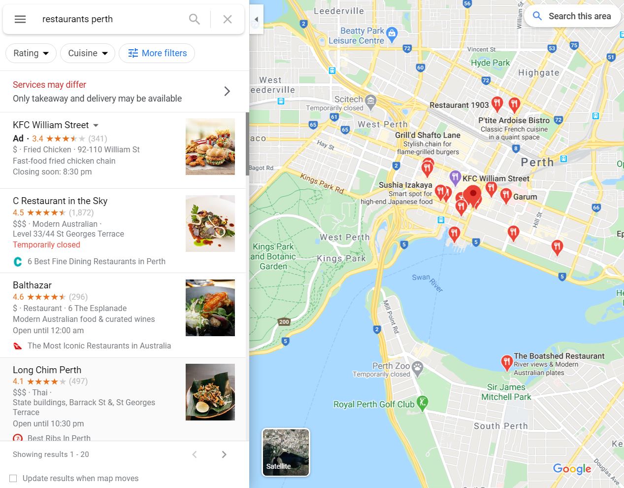 Google My Business listings of restaurants in Perth