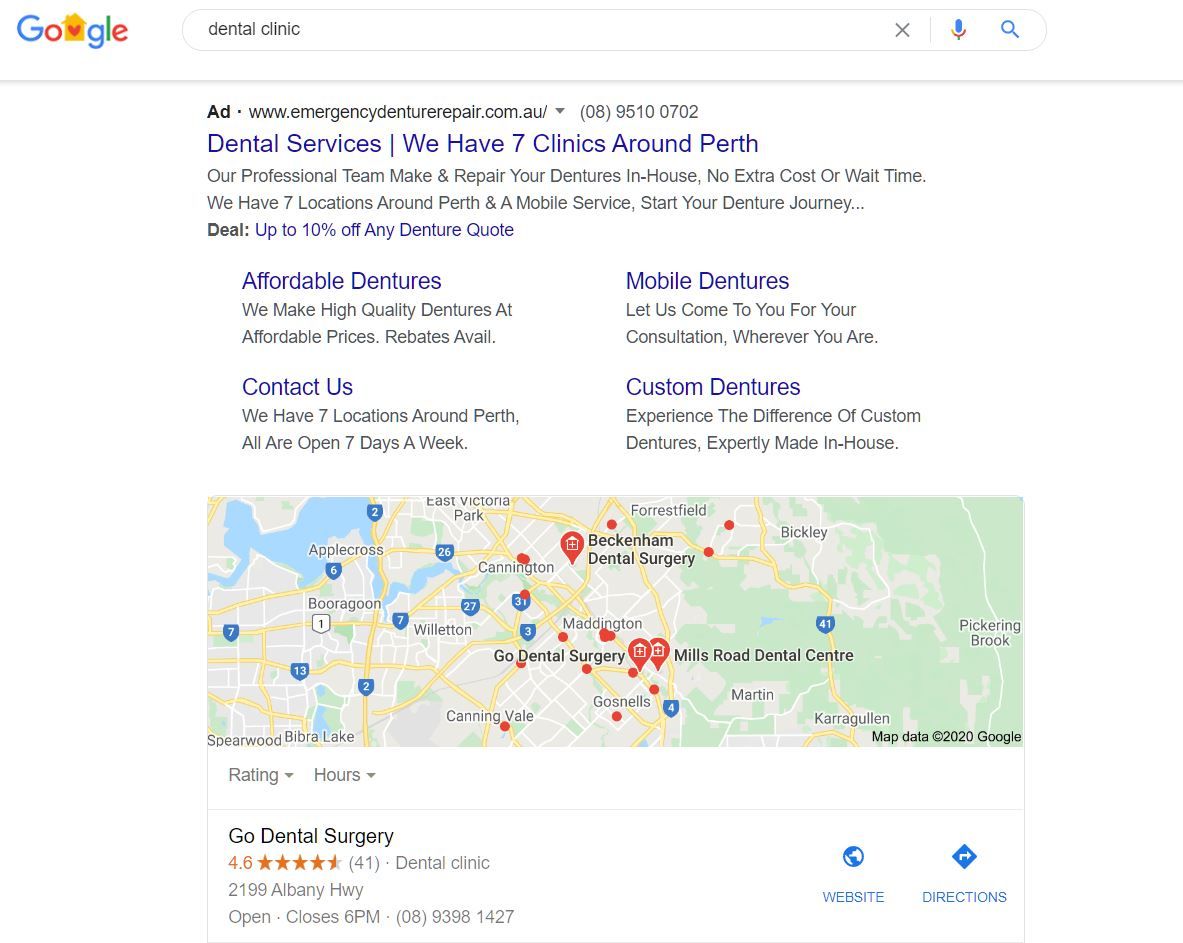 dental clinic search results in Google