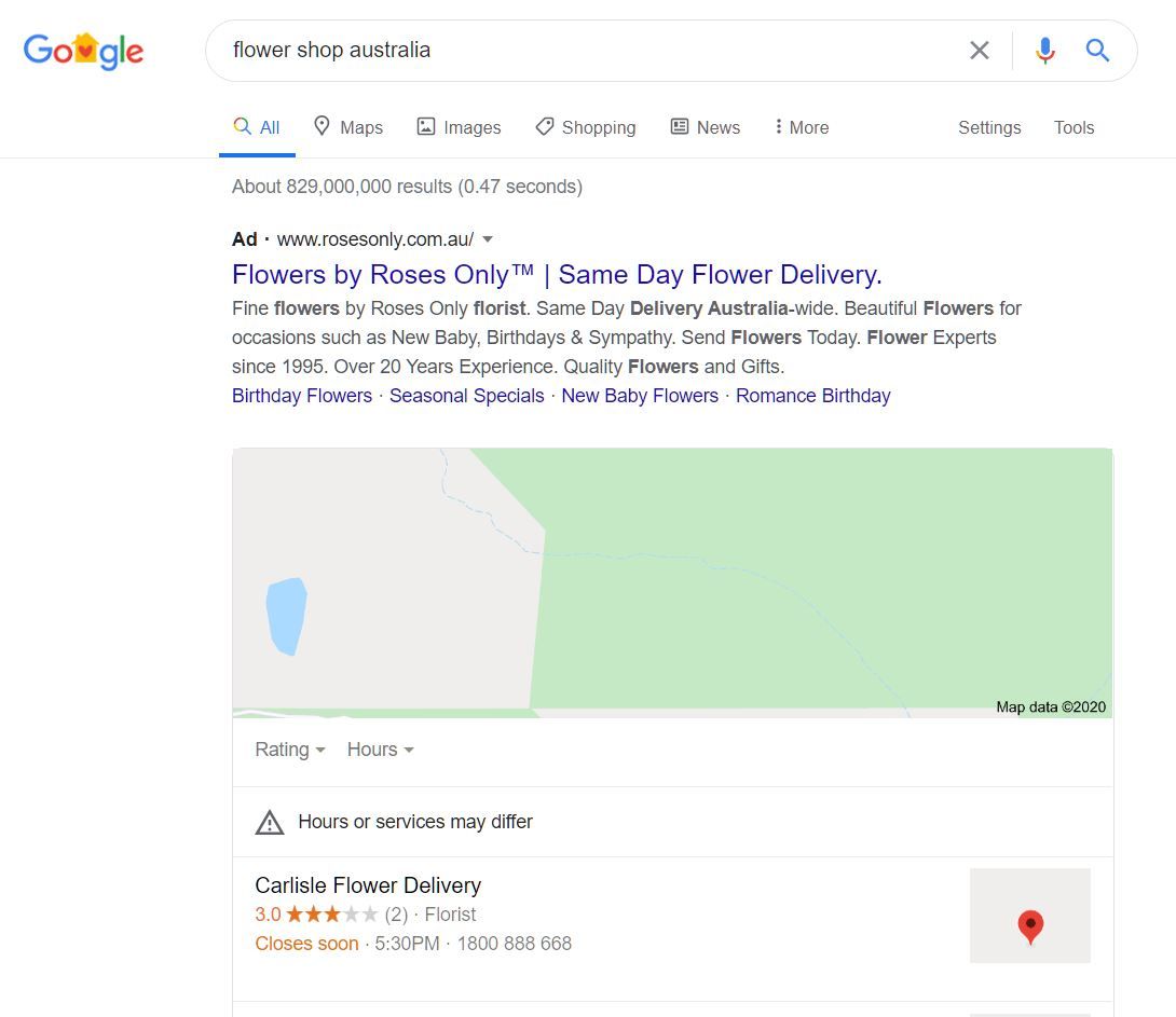 sample of a pay per click advertisement of a flower shop in Australia shown in google search results