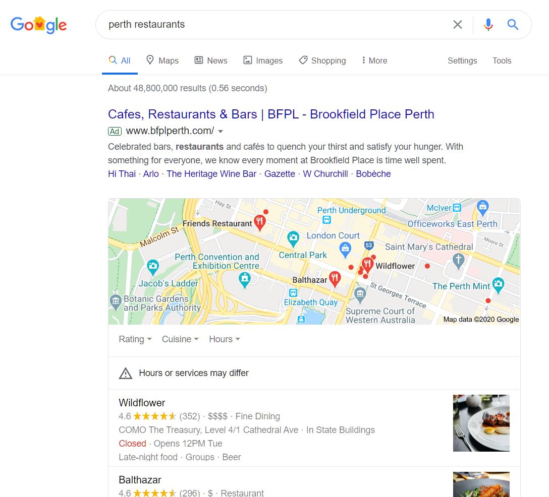 Google Ssearch results of restaurants in Perth