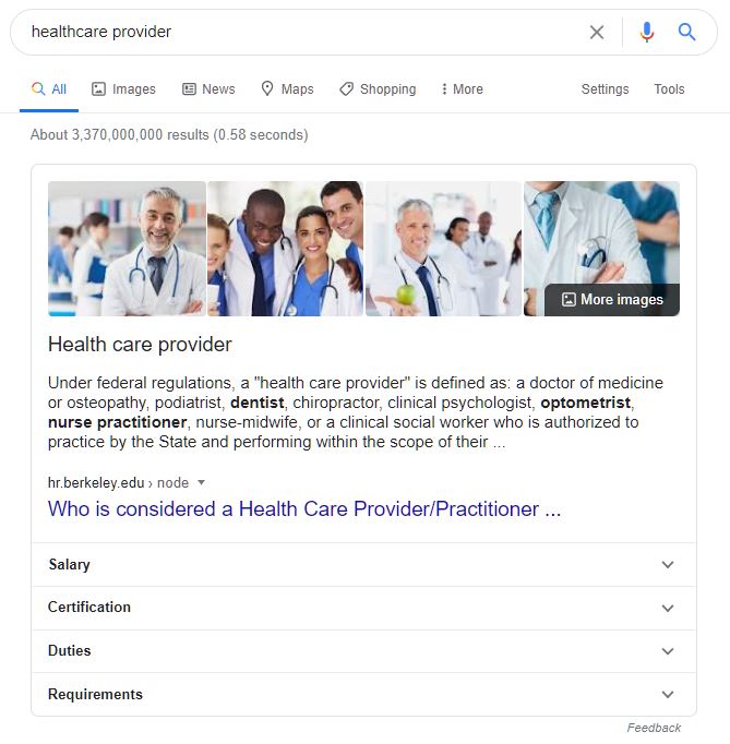 healthcare provider search results in Google