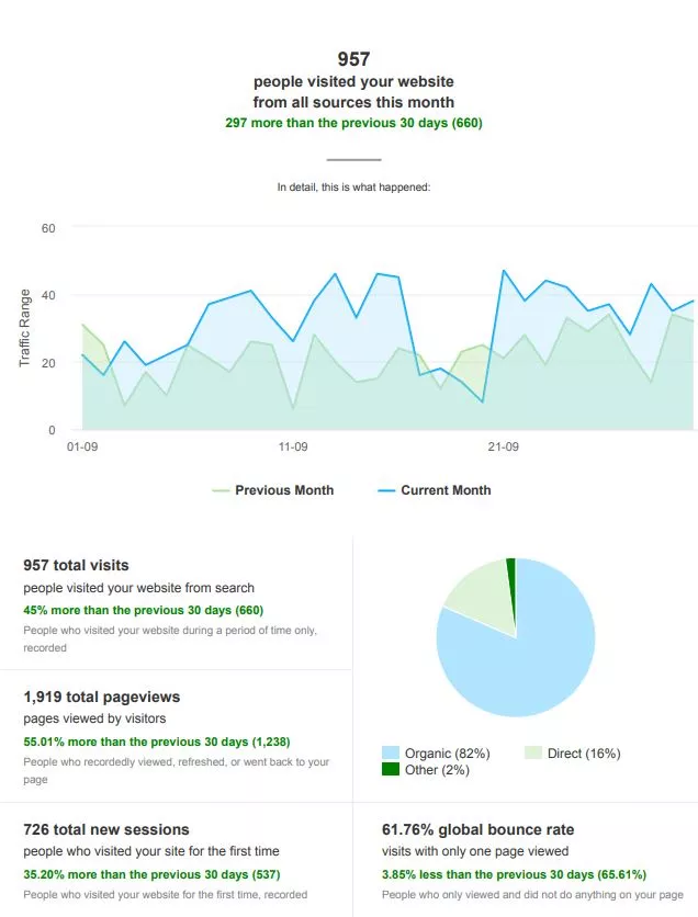 different charts showing all website traffic of Green Oasis's website