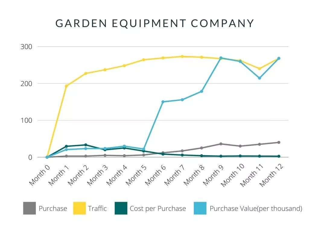 line chart showing Garden Equipment Company's rising website traffic and purchase value