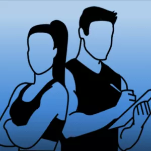 cartoon image of a woman and a man wearing fitness clothes, with their backs leaning to each other