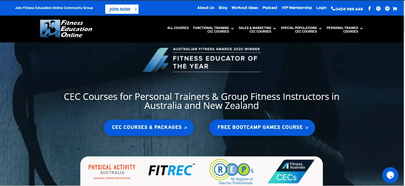 Fitness Education Online's website homepage