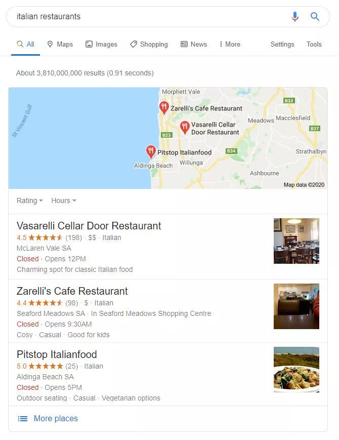 local search results of italian restaurants in google