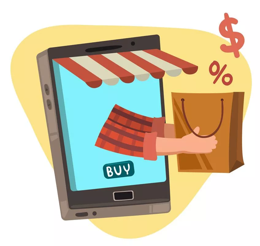 cartoon image showing people purchasing products online