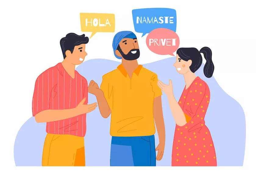 cartoon image of three people saying hello in different languages