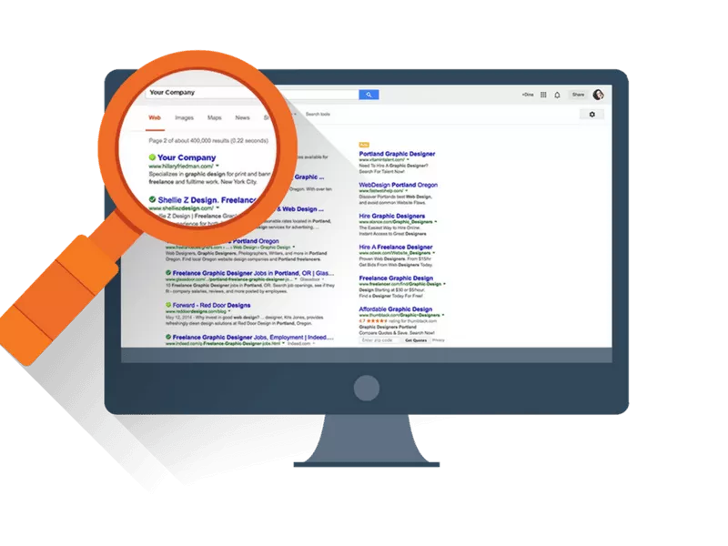 Magnifying glass focusing on the first result of a search engine