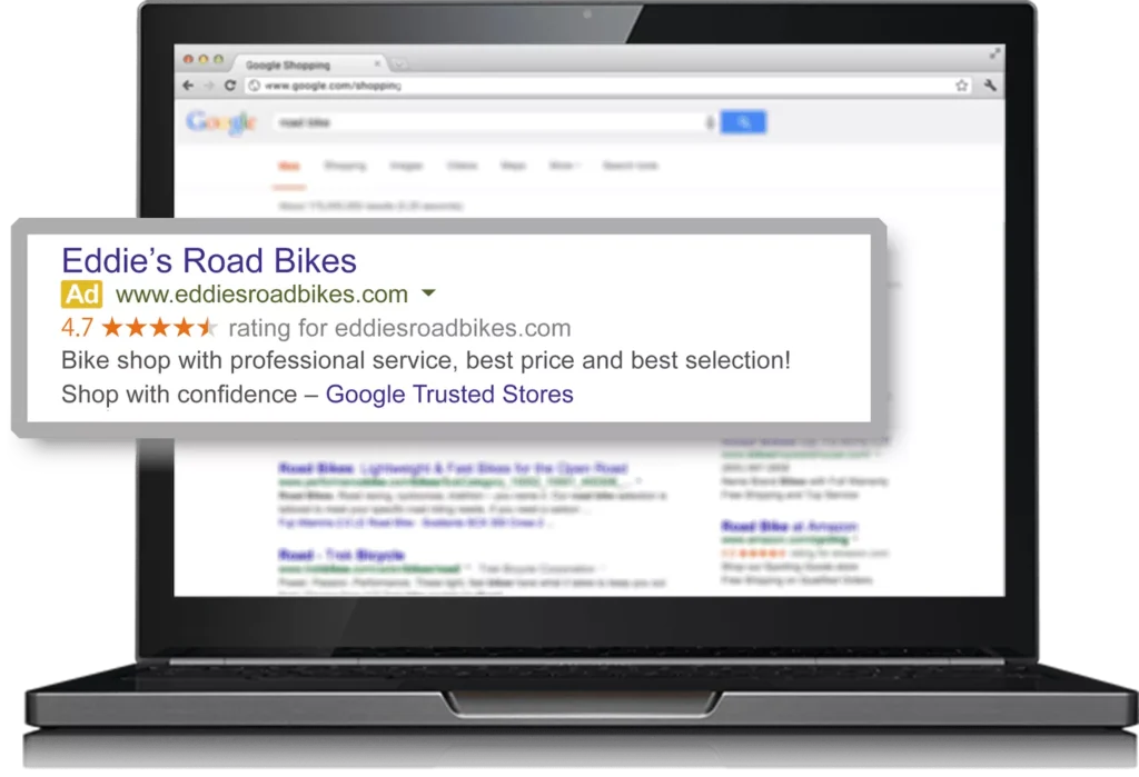 PPC advertisement of Eddie's Road Bikes in the google search results