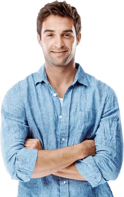 male web designer wearing a blue polo shirt with his hands crossed