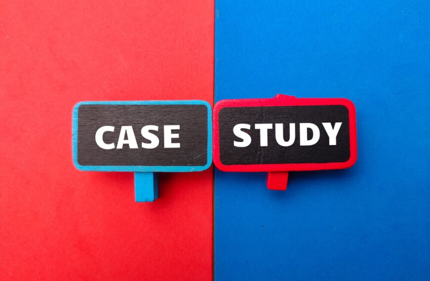 CASE and STUDY on wooden boards with red and blue backgrounds