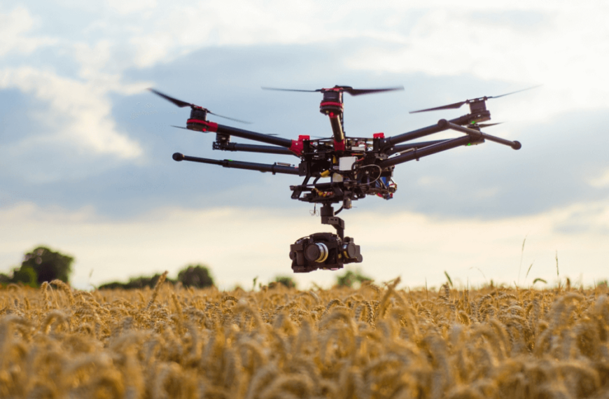 Agricultural drone flying over rice fields