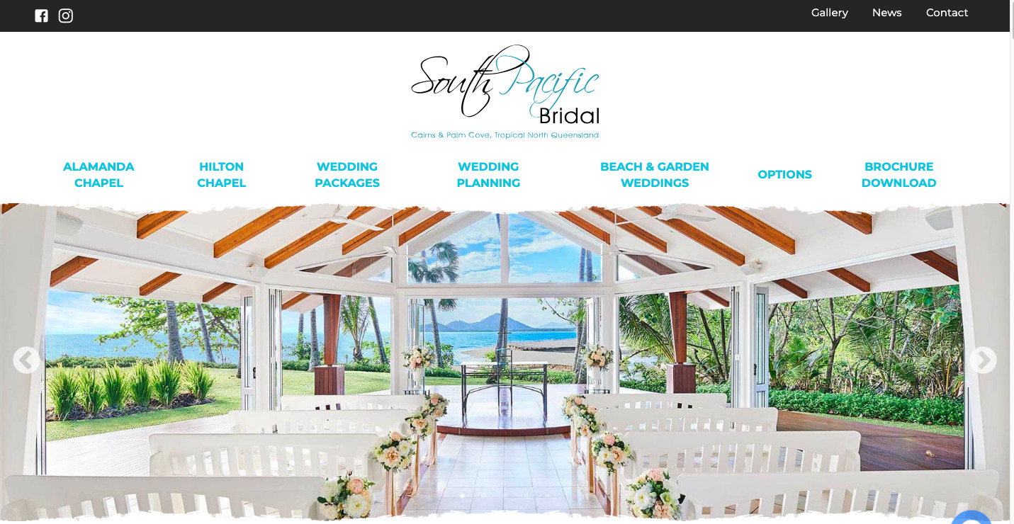 Screenshot of South Pacific Bridal’s Home Page banner section