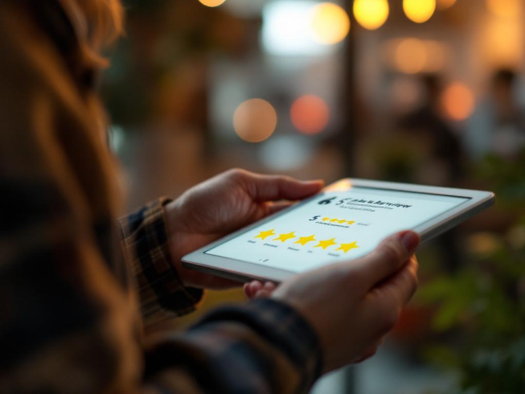 Customer leaving 5-star review on tablet device