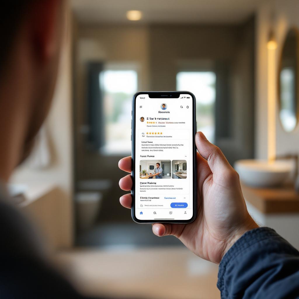 Customer viewing Google reviews for plumber on smartphone