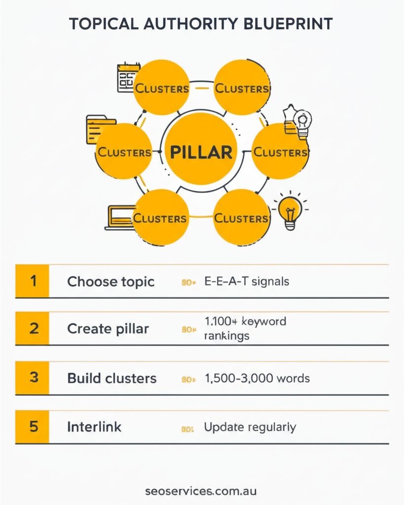 Topical Authority Blueprint infographic showing the pillar cluster model and key steps
