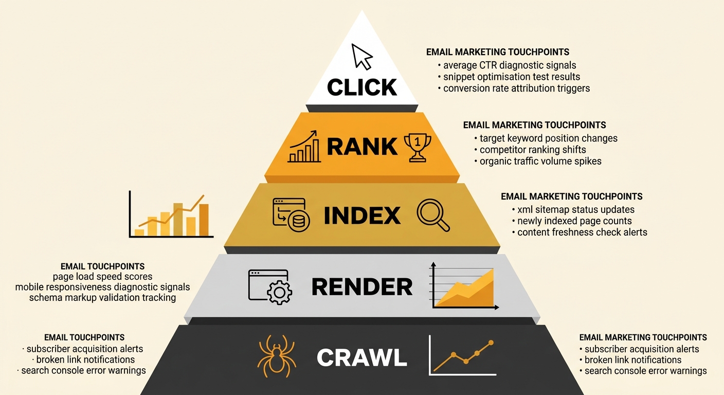 A five-layer pyramid diagram labeled from bottom to top: Crawl, Render, Index, Rank, Click, with email marketing touchpoints noted at each layer including subscriber acquisition alerts, engagement dia