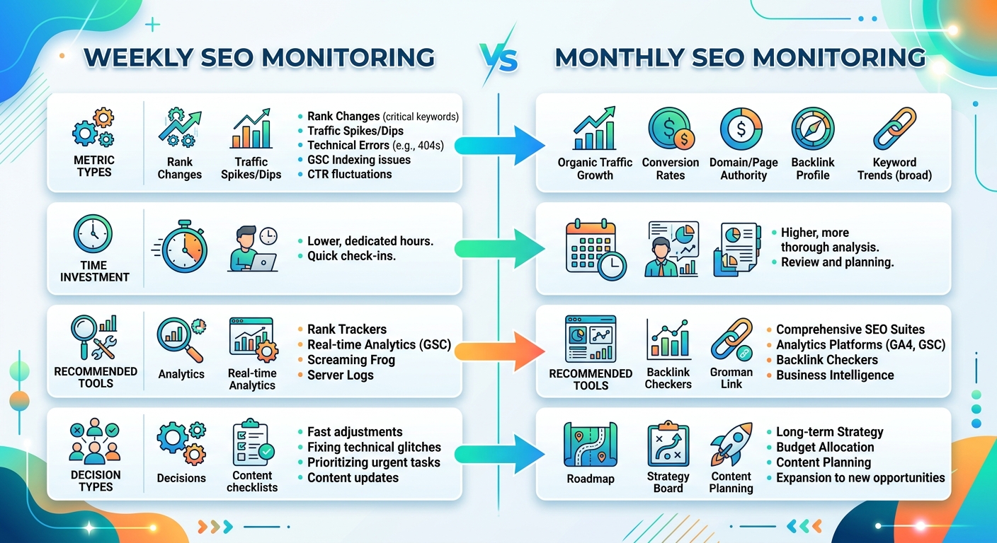 Infographic comparing weekly vs monthly SEO monitoring — two columns showing metric types, time investment, recommended tools, and decision types for each cadence, with arrows showing how weekly feeds