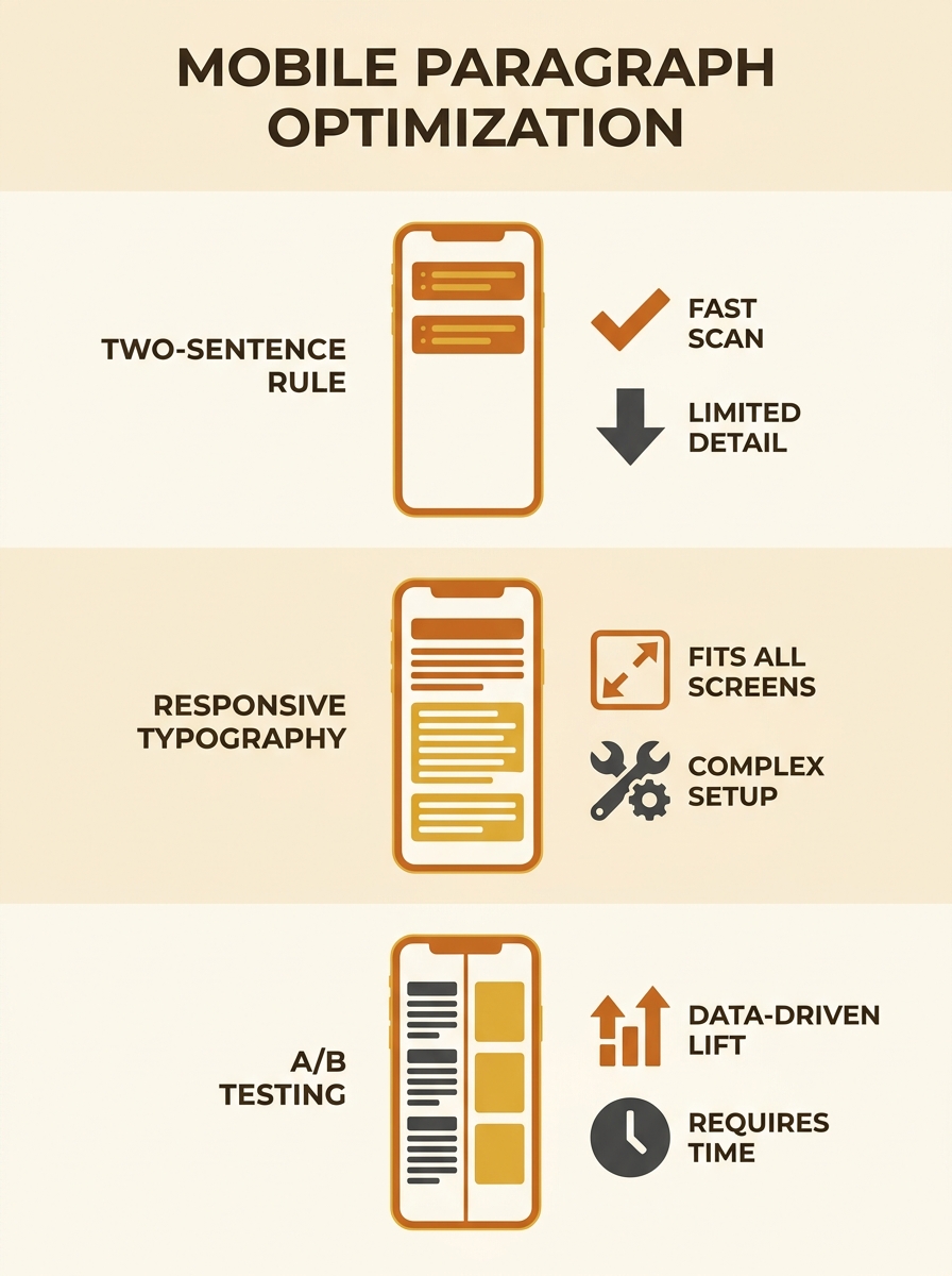 Infographic comparing three paragraph length approaches for mobile screens — the two-sentence rule, responsive typography, and A/B testing — showing pros and cons of each with mobile phone mockups dis