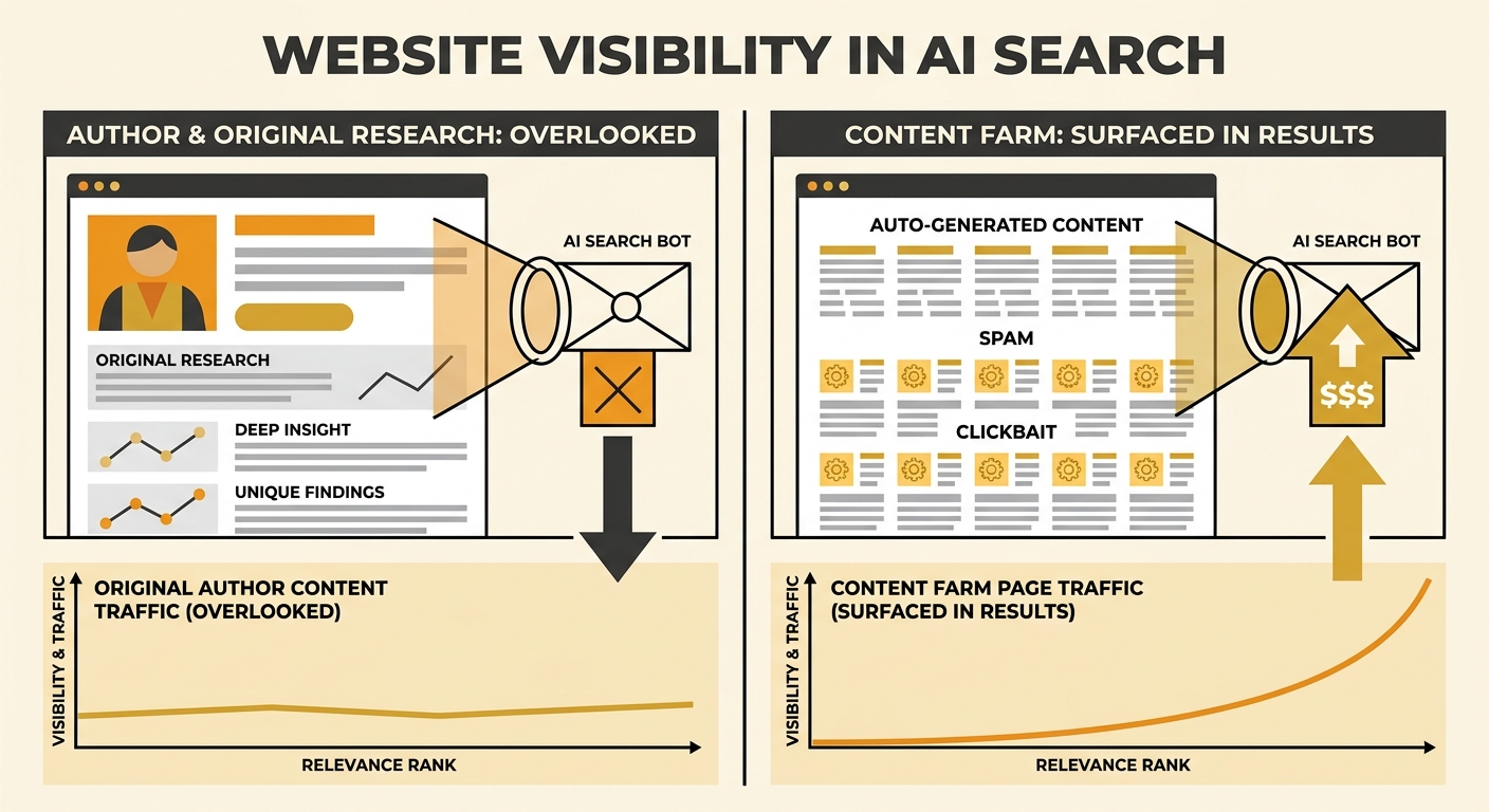 Illustration showing two contrasting website panels side by side - one with a human author icon and original research being overlooked by an AI search bot, the other showing a content farm with dozens