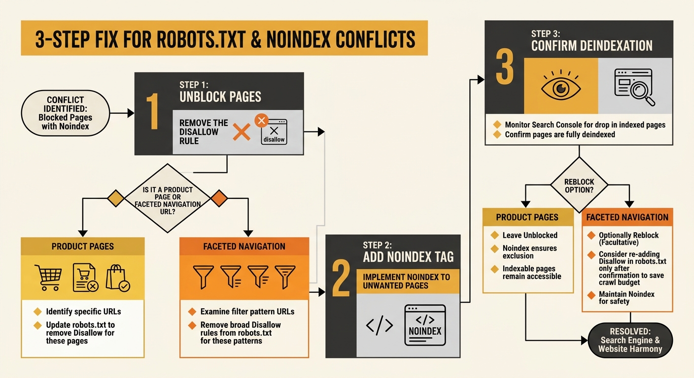flowchart showing the three-step fix sequence for robots.txt and noindex conflicts — step 1 removing the disallow rule, step 2 adding noindex to unwanted pages, step 3 confirming deindexation before o