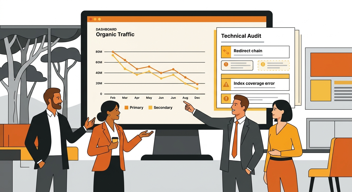 An Australian office setting with a marketing team reviewing analytics dashboards on a large screen, showing declining organic traffic graphs alongside a technical audit report with highlighted issues