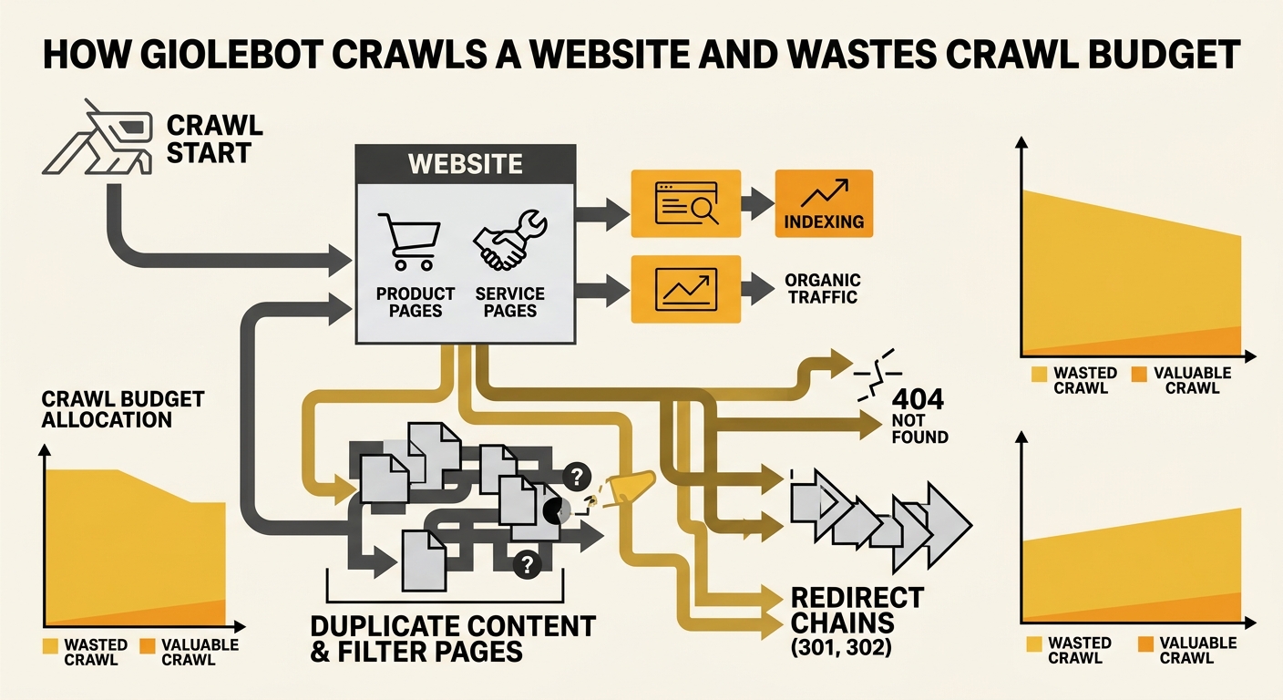 A diagram showing Googlebot visiting a website with arrows — some paths lead to valuable product and service pages, while many arrows are diverted to dead ends, duplicate filter pages, and redirect ch