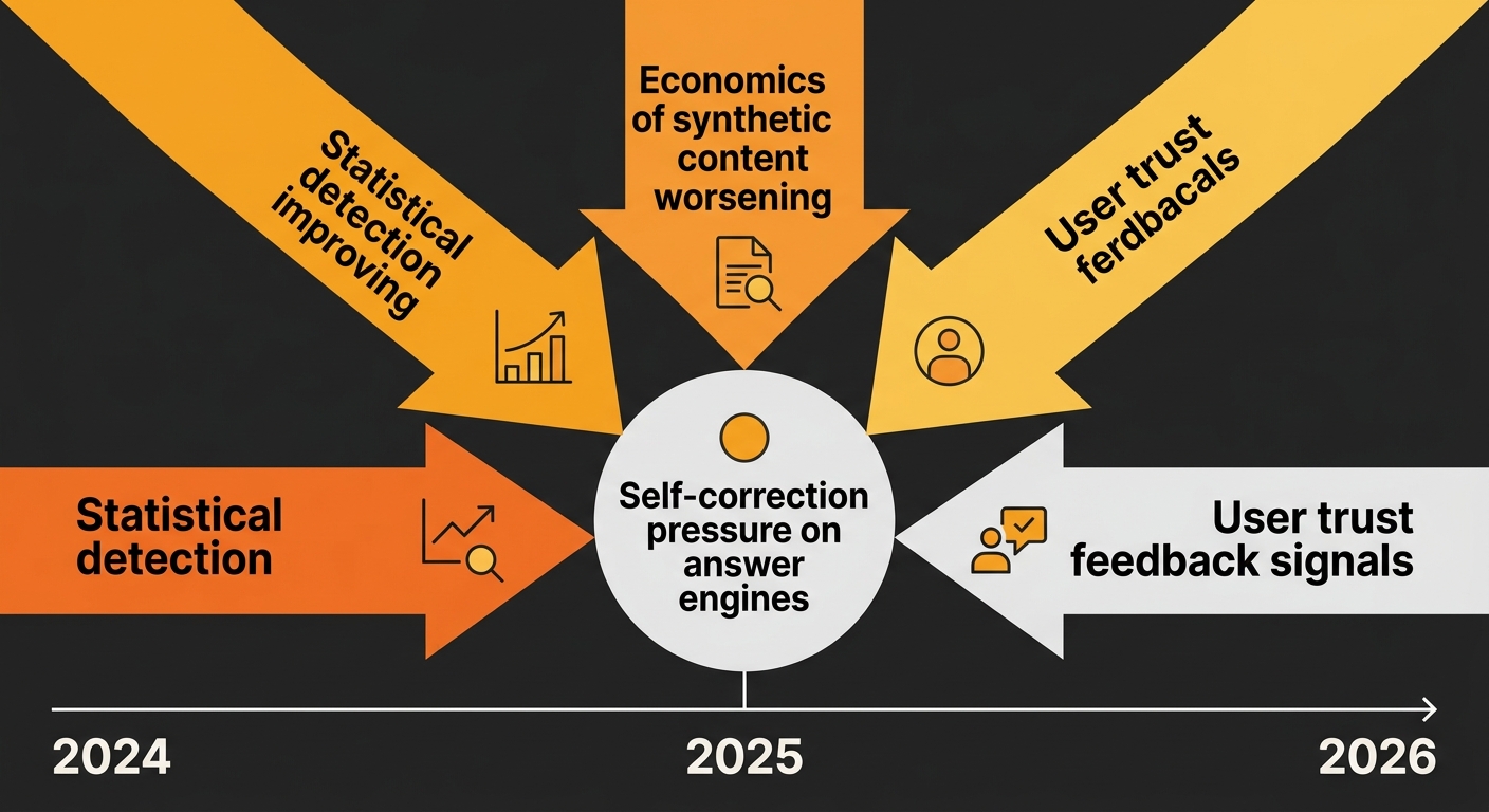 A diagram showing three converging arrows labelled 'Statistical detection improving', 'Economics of synthetic content worsening', and 'User trust feedback signals' all pointing toward a central node l