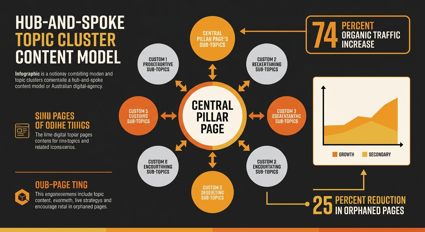 Infographic showing a hub-and-spoke topic cluster model with a central pillar page connected to 6 surrounding cluster pages via bidirectional arrows, with data callouts showing 74 percent organic traf