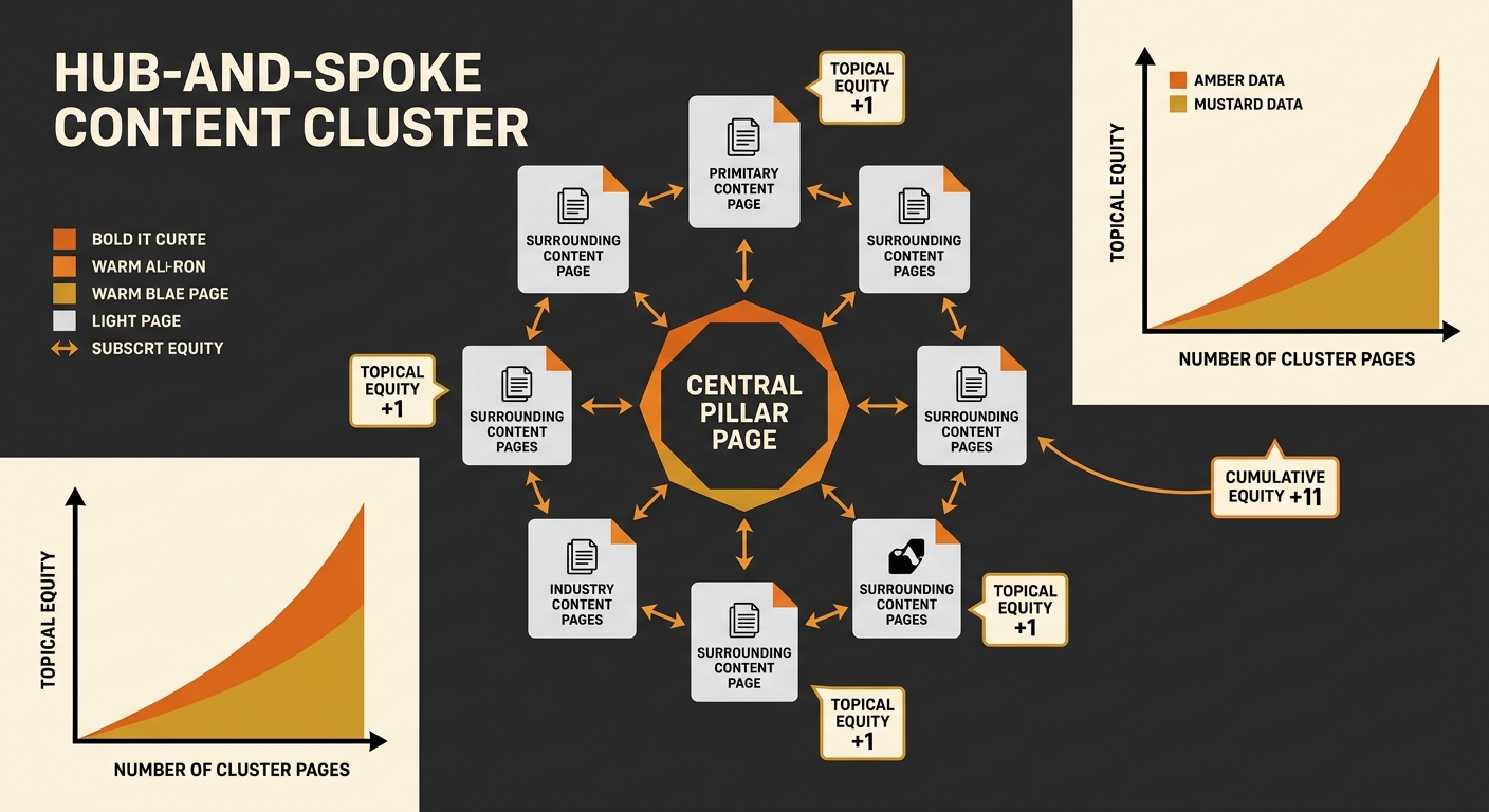 An infographic showing the hub-and-spoke content cluster model with a central pillar page in the middle connected to 6-8 surrounding cluster content pages, with arrows showing internal link flow, and 