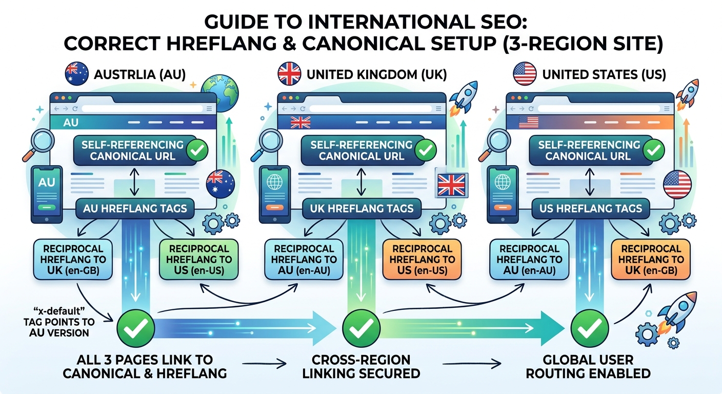 Infographic showing the correct hreflang and canonical tag setup for a three-region site (AU, UK, US), with self-referencing canonical URLs on each page, reciprocal hreflang annotations between all th