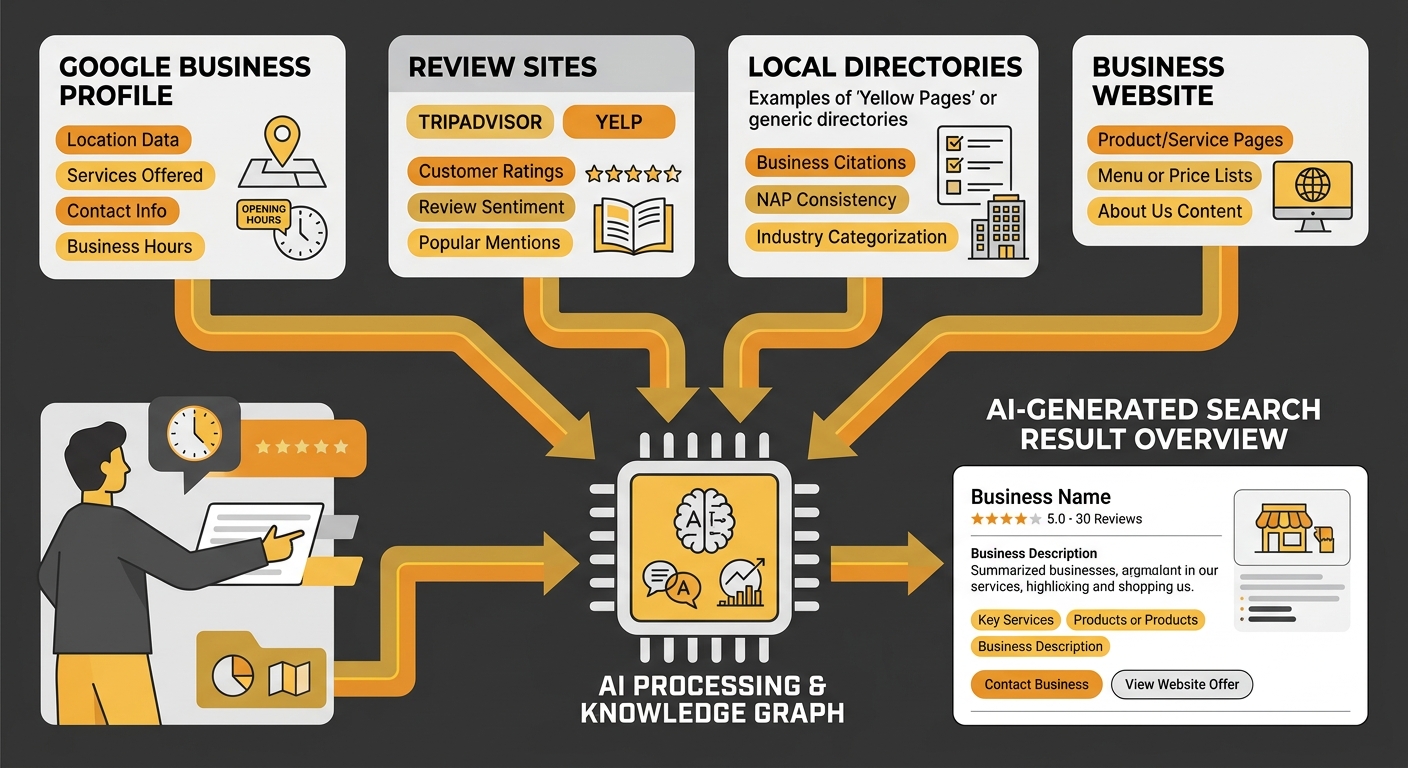 Diagram showing how Google AI Overviews assemble local business answers from multiple data sources including Google Business Profile, review sites like TripAdvisor and Yelp, local directories, and the