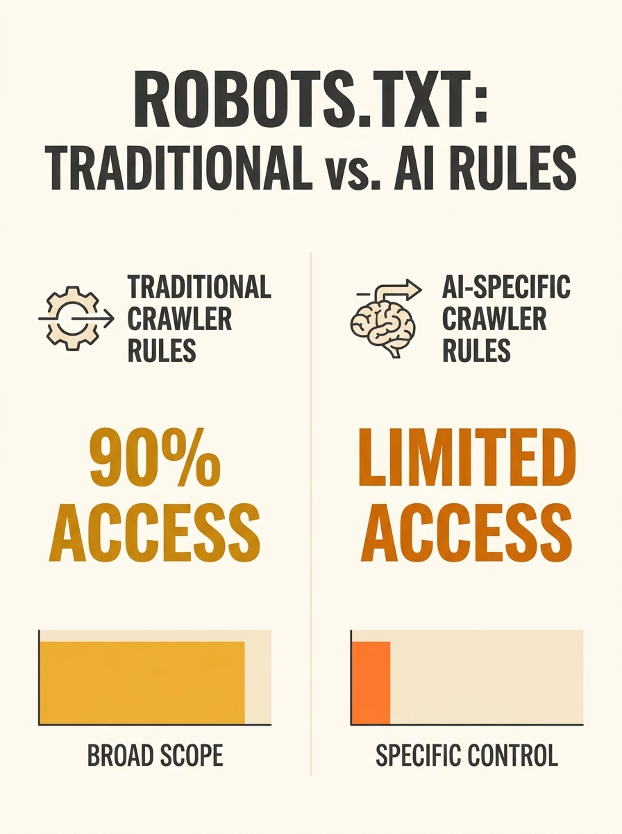 Split-screen comparison showing robots.txt file with traditional crawler rules on left and AI-specific crawler rules on right