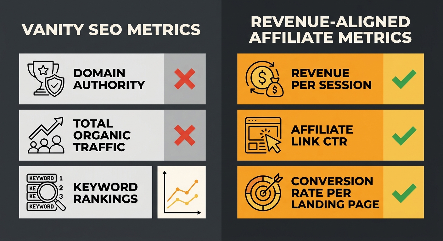 An infographic showing two columns — left column lists vanity SEO metrics like Domain Authority, total organic traffic, and keyword rankings with a red X beside each; right column lists revenue-aligne