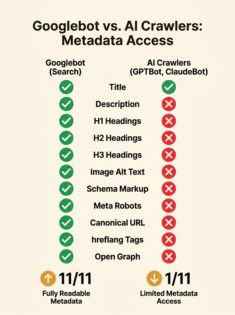 An infographic comparing what Googlebot can read versus what AI crawlers like GPTBot and ClaudeBot can read, showing eleven metadata types in two columns with green check marks for Googlebot and red X