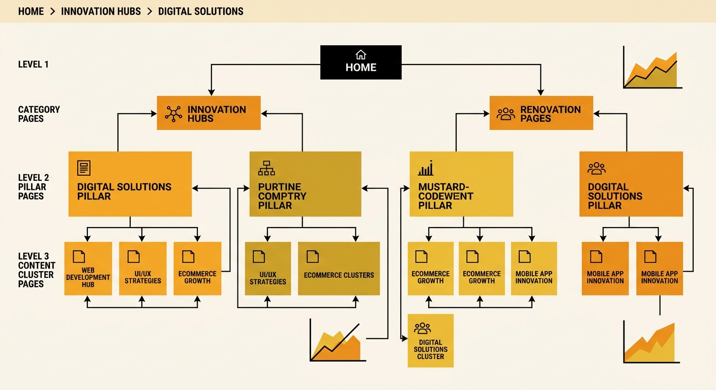 A hybrid site architecture diagram showing a shallow 3-level hierarchy with content clusters visually grouped by colour, breadcrumb navigation paths shown at the top, and internal linking arrows conne