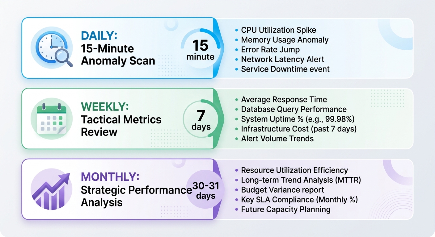 A simplified diagram showing three monitoring tiers — daily (15-minute anomaly scan), weekly (tactical metrics review), and monthly (strategic performance analysis) — stacked vertically with example m