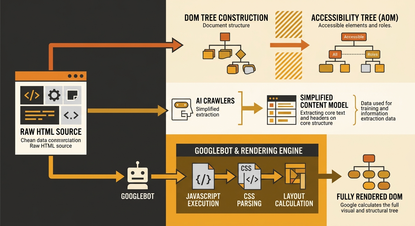 A diagram showing the path from raw HTML to DOM to accessibility tree, with AI crawlers branching off at the raw HTML stage to build their own simplified content model, while Googlebot continues throu