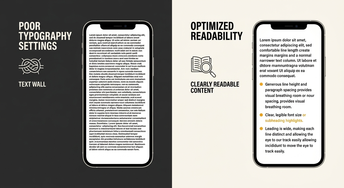 Side-by-side mobile phone screens showing the same paragraph of text — one with poor typography settings creating a text wall, and one with optimised line length and spacing showing clearly readable c