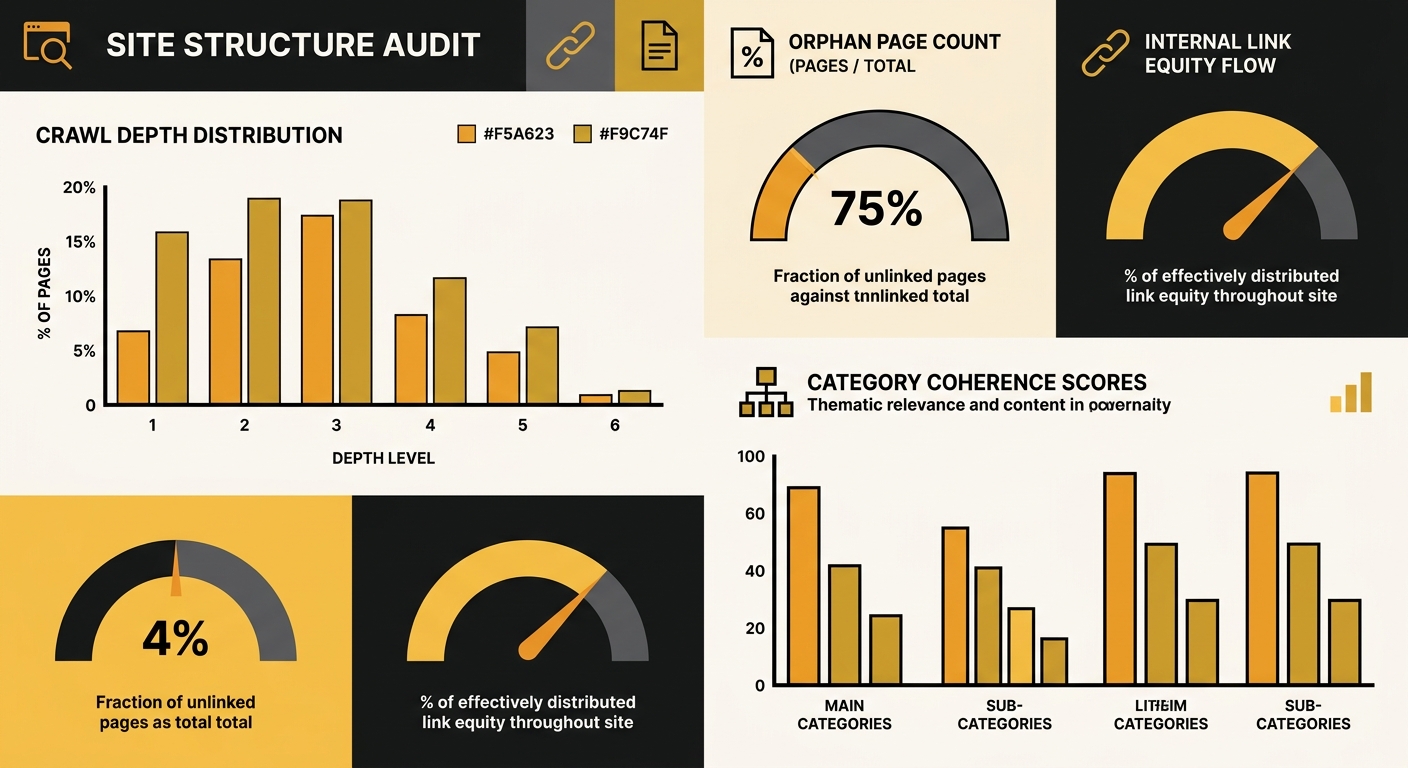 Dashboard-style illustration showing a site structure audit with metrics for crawl depth distribution, orphan page count, internal link equity flow, and category coherence scores displayed as bar char