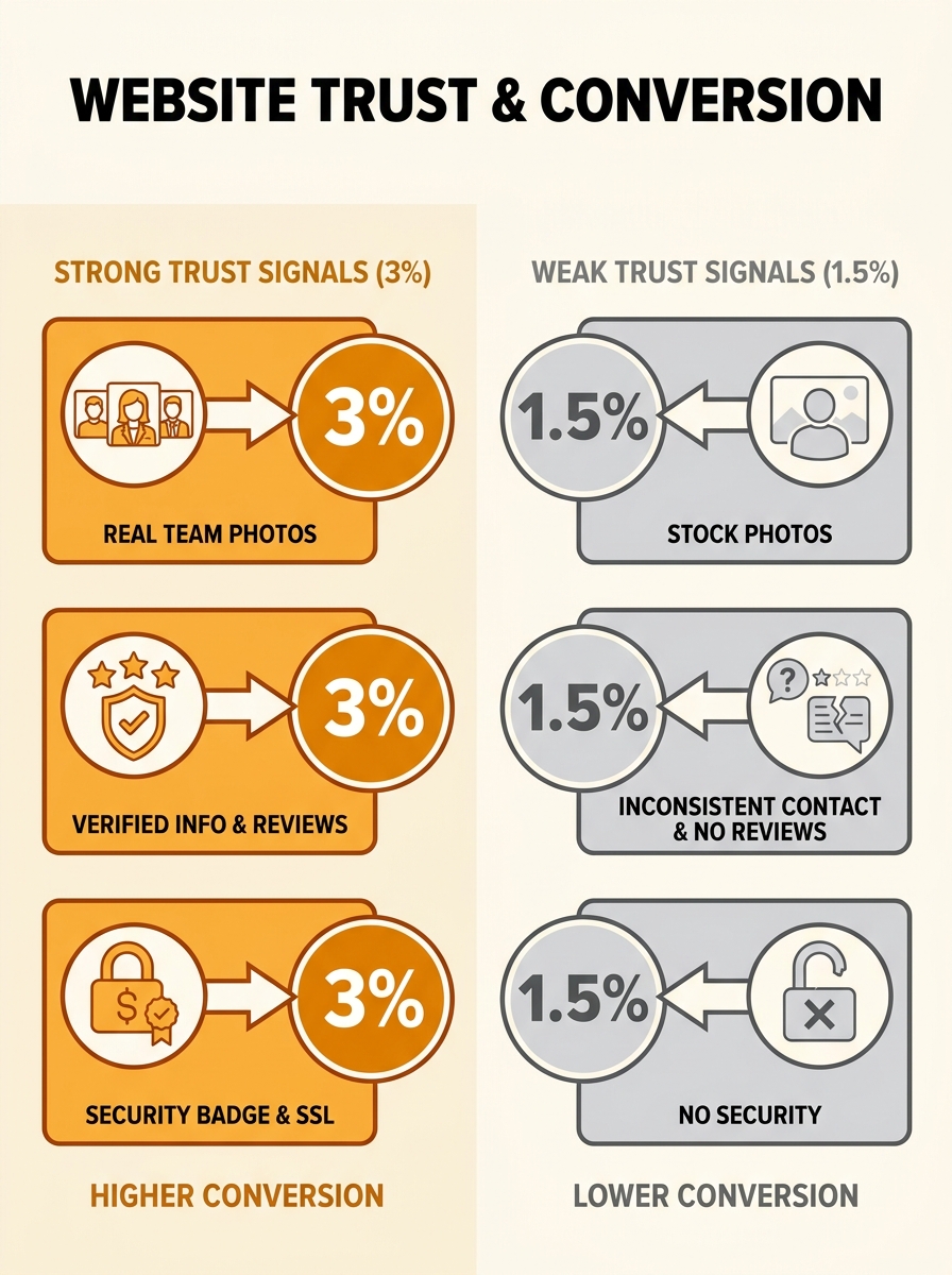 An infographic comparing two website experiences side by side — one with strong trust signals (reviews, verified address, security badge, real team photos) converting at 3%, and one with weak trust si