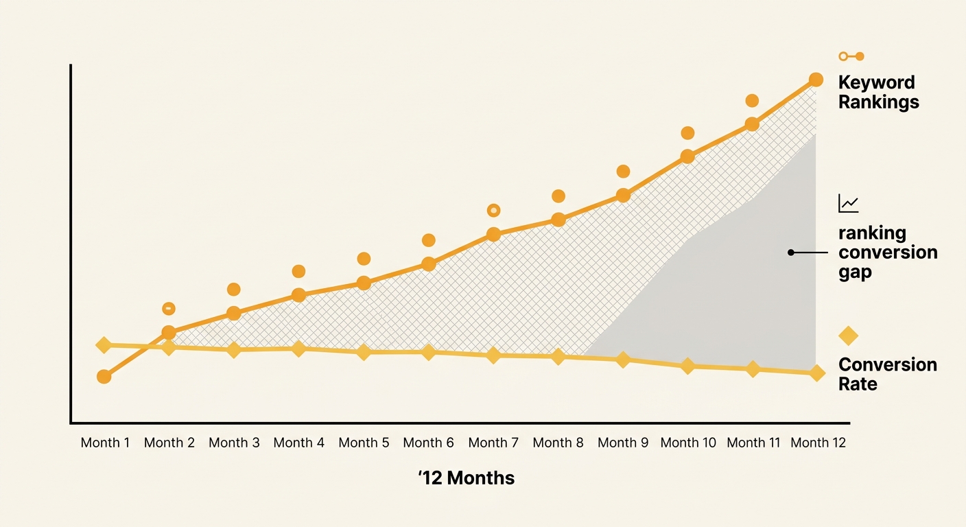 A line graph showing two diverging trend lines over 12 months — one line representing keyword ranking improvements (climbing upward) and another representing conversion rate (flat or declining) — with