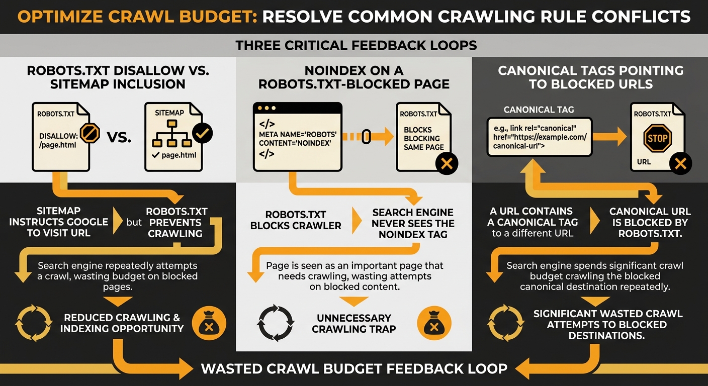 infographic showing three common crawling rule conflicts side by side — robots.txt disallow versus sitemap inclusion, noindex on a robots.txt-blocked page, and canonical tags pointing to blocked URLs 
