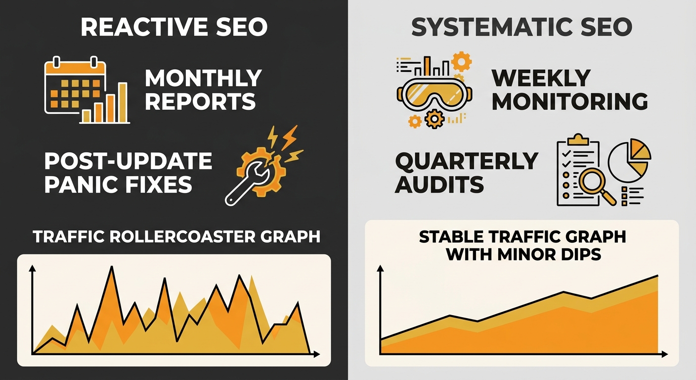 A side-by-side comparison showing a reactive SEO approach (monthly reports, post-update panic fixes, traffic rollercoaster graph) versus a systematic approach (weekly monitoring, quarterly audits, sta