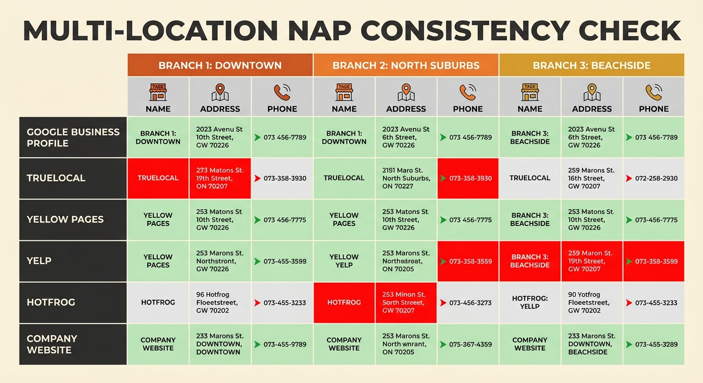 A comparison table visualization showing a multi-location business with three branches, displaying how NAP details differ across six directories - Google Business Profile, TrueLocal, Yellow Pages, Yel