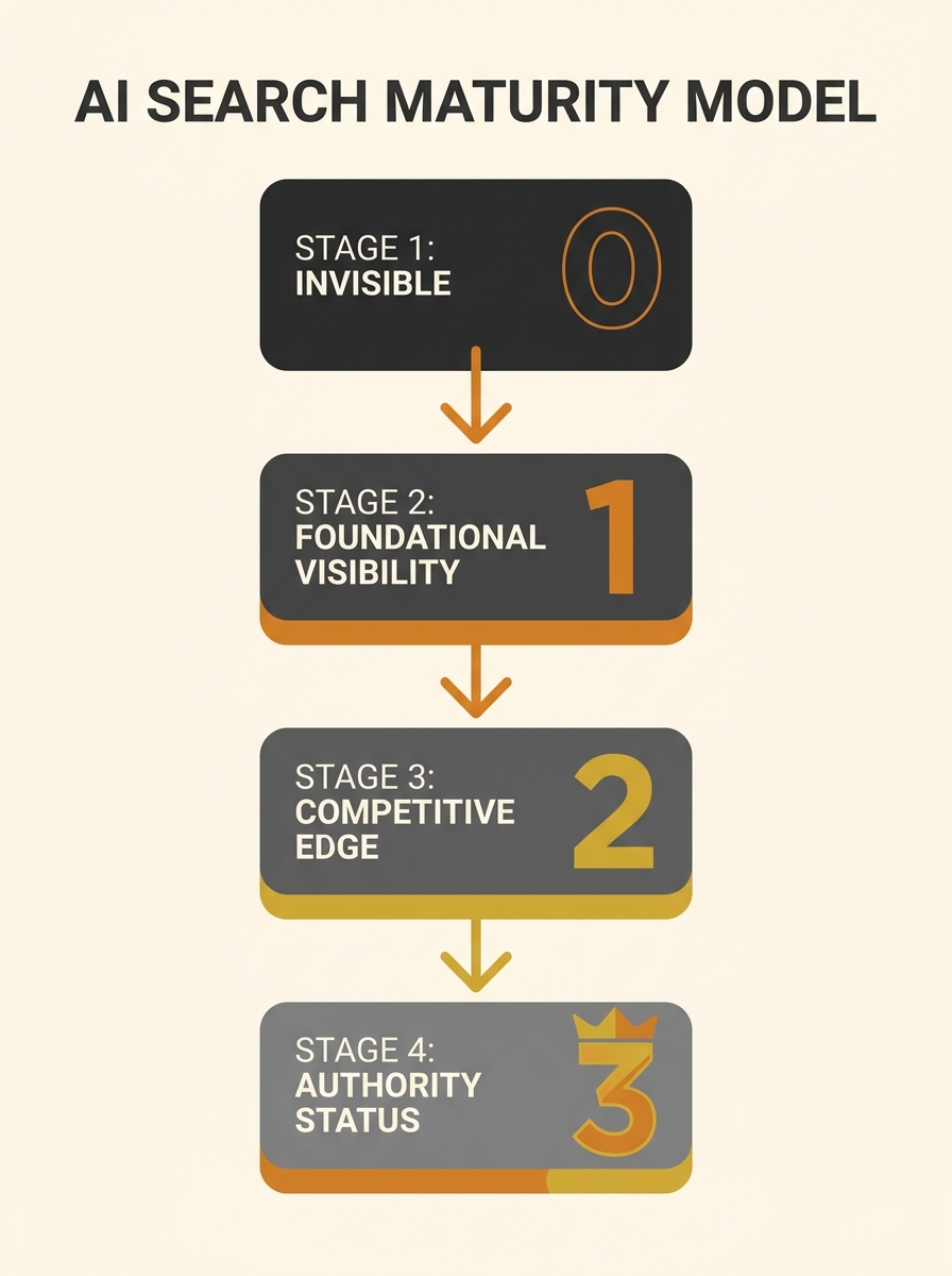 Four-stage maturity model diagram showing progression from invisible to authority status in AI search
