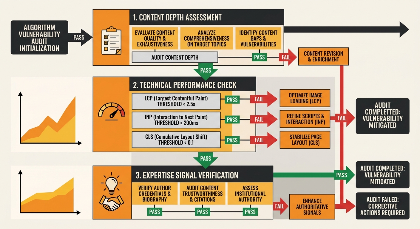 A diagnostic flowchart showing the three layers of an algorithm vulnerability audit: content depth assessment, technical performance check (LCP, INP, CLS thresholds), and expertise signal verification